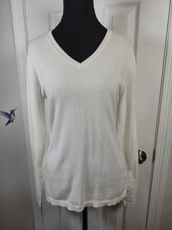 Caroline Grace Ivory Cotton Cashmere V-Neck Pointelle Trim Sweater M - Picture 2 of 6